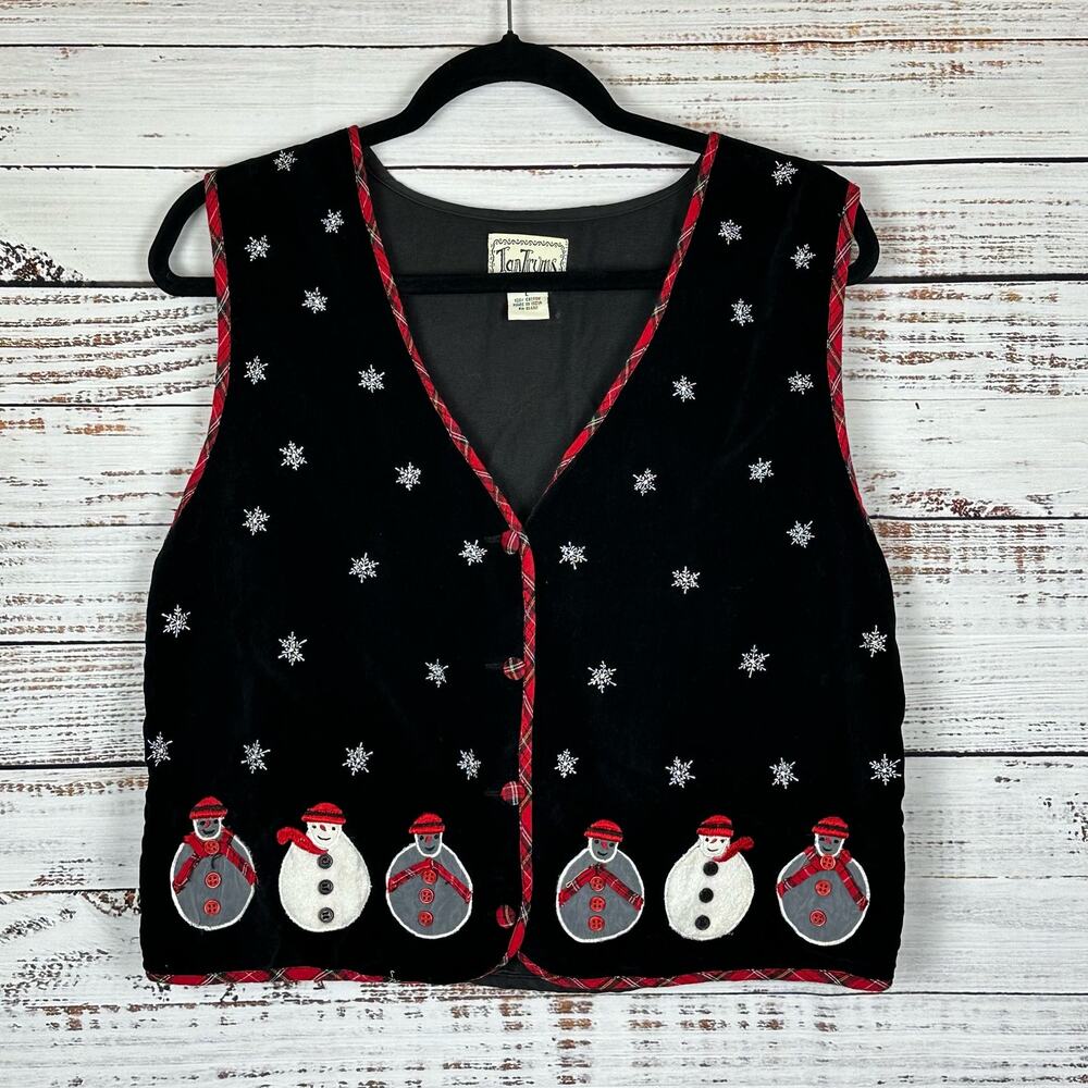 Vintage Tantrums Black Velvet Snowman Christmas Winter Holiday Vest Womens Sz L